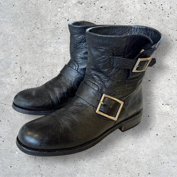 Jimmy Choo Women’s Black Leather Short Moto Boots Size 8 - Picture 1 of 15